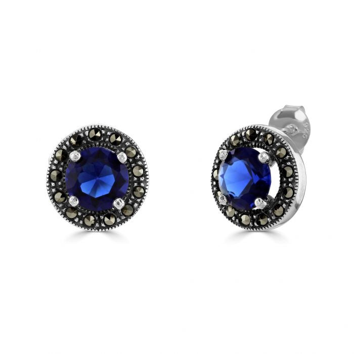 Silver Marcasite stud earrings with sapphire blue cz and marcasite Jewellery Carathea