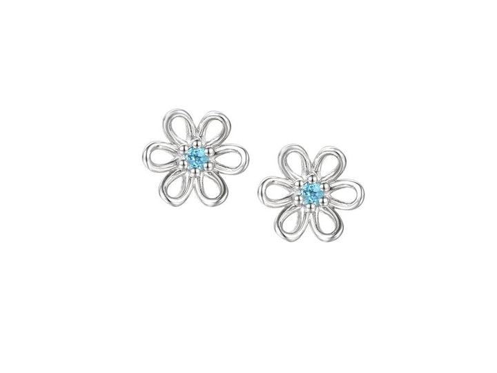 Silver Open Flower Stud Earrings with Central Blue Topaz Amore