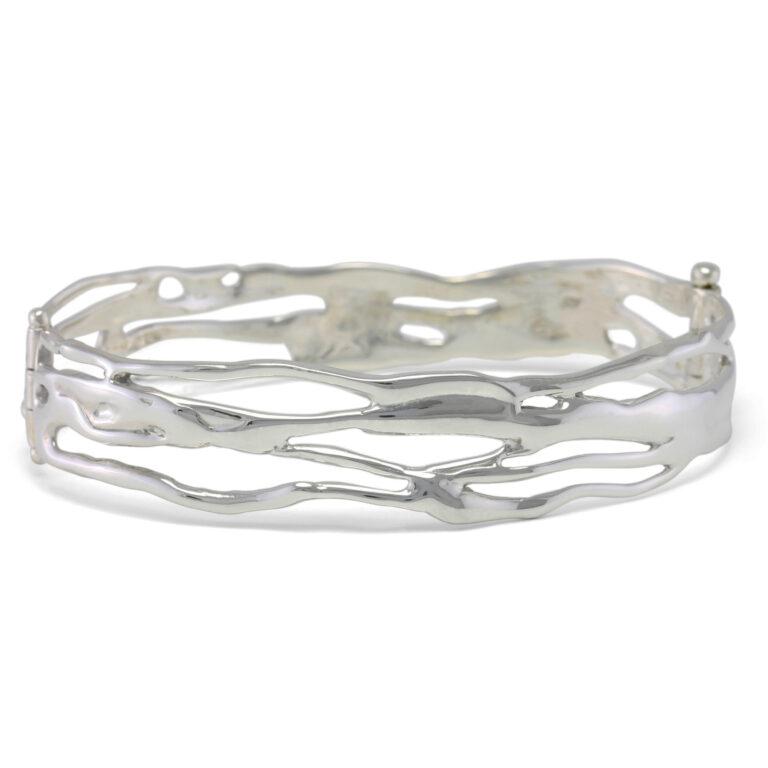 Silver Hinged Wide Organic Bangle Carathea Jewellers 