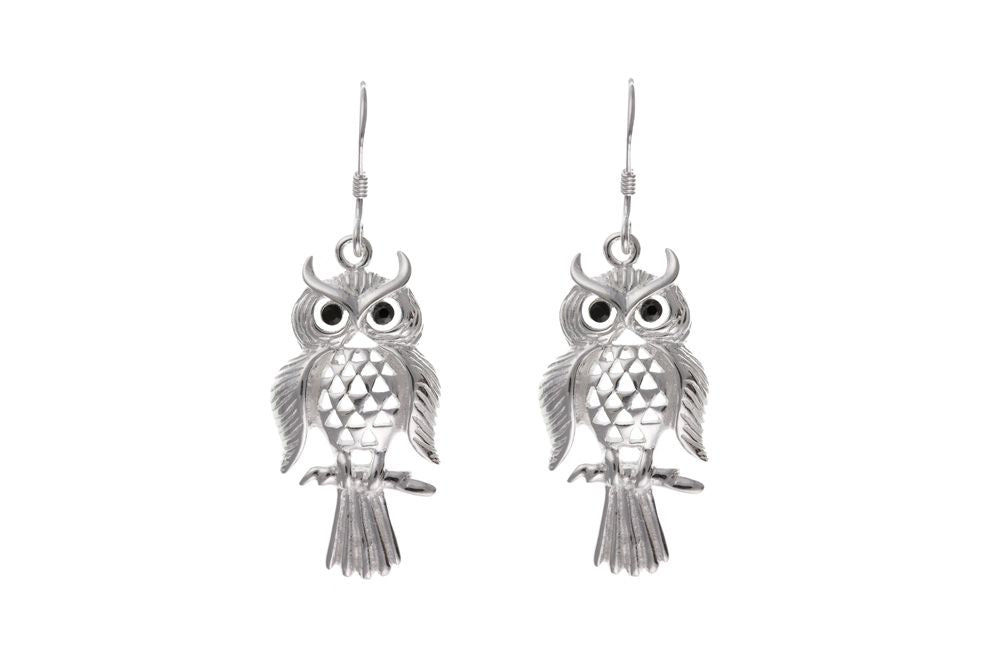 Silver Owl Drop Earrings with CZ's Earrings Carathea