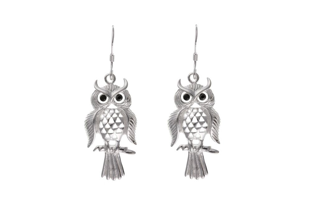 Silver Owl Drop Earrings with CZ's Earrings Ian Dunford 