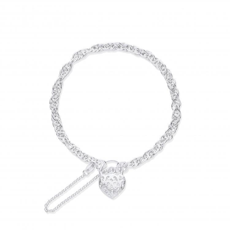 Silver Bracelet with Padlock and Safety Chain Jewellery Hanron