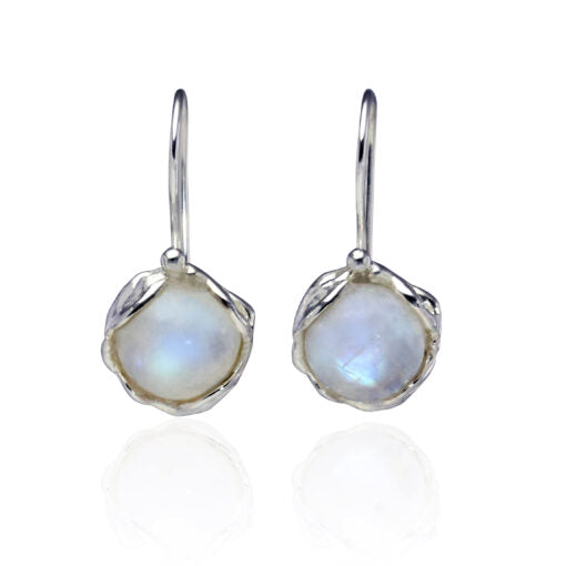 Silver Round Moonstone Drop Earrings with Hooks Earrings Banyan