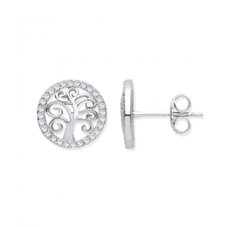 Silver Tree of Life Stud Earrings with Cubic Zirconia Jewellery Hanron 