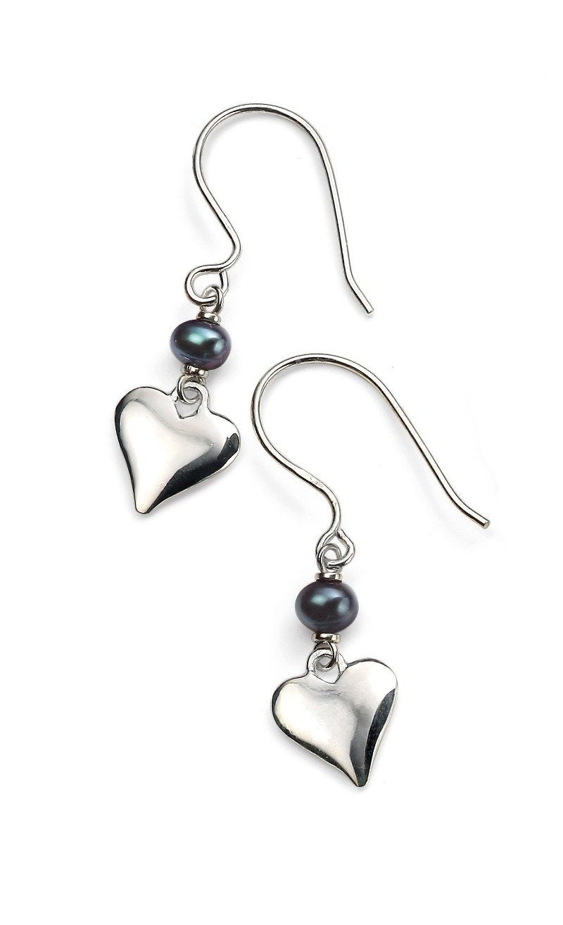 Black Freshwater Pearl Earrings with Heart Jewellery Gecko 