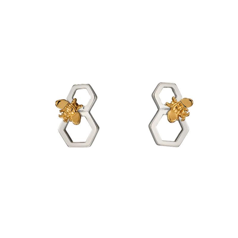 Honeycomb with Bee Earrings in Silver and Gold Jewellery Gecko 