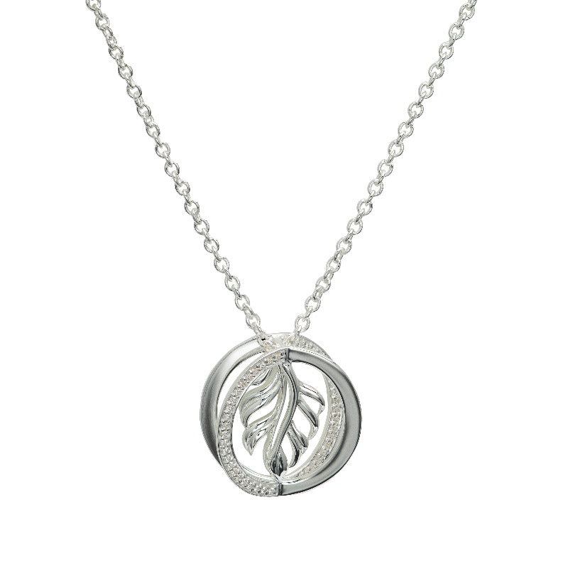 Silver Double Circle Pendant with CZ Feather Necklaces Unique 
