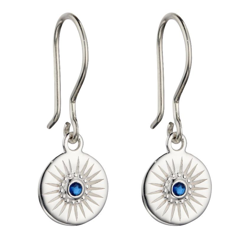 Silver Disc Drop Earrings with Blue Crystal Earrings Carathea 