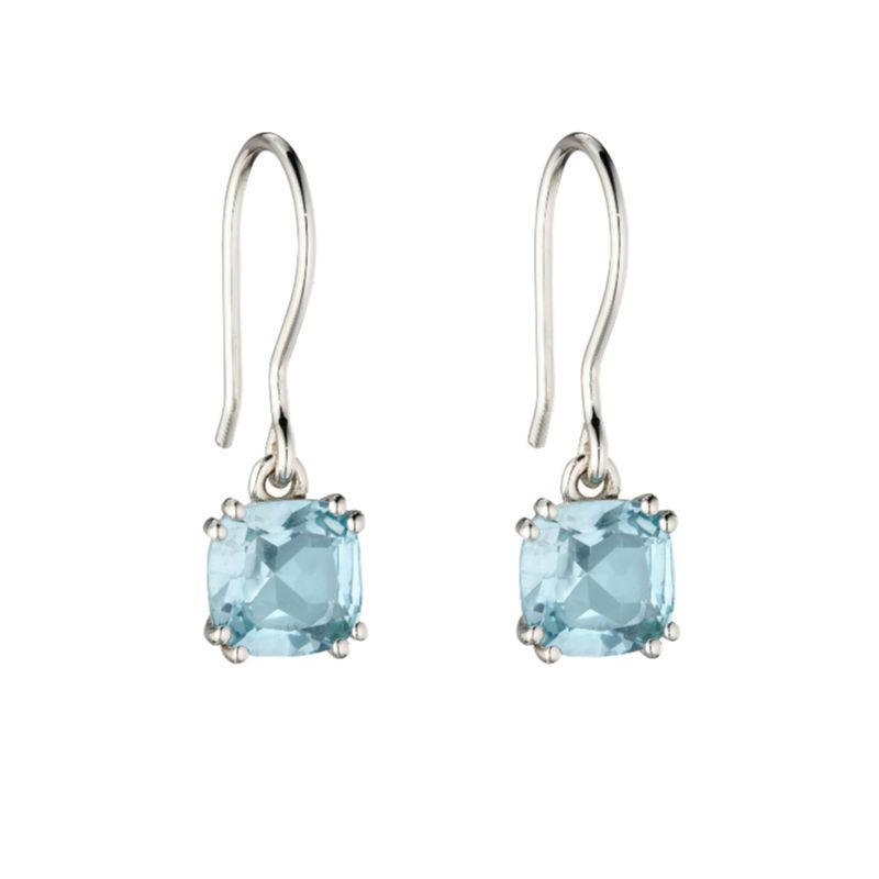 Silver Drop Earrings with Cushion Cut Blue Topaz Jewellery Carathea 