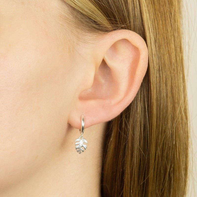 Silver Hoop Earrings with Palm Leaf Charm Earrings Gecko
