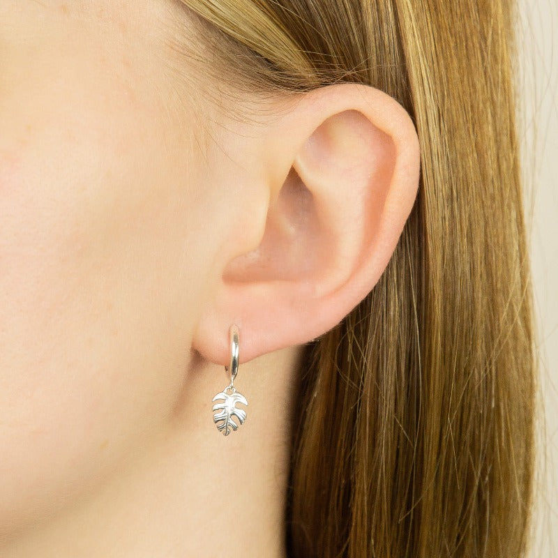 Silver Hoop Earrings with Palm Leaf Charm Earrings Gecko 