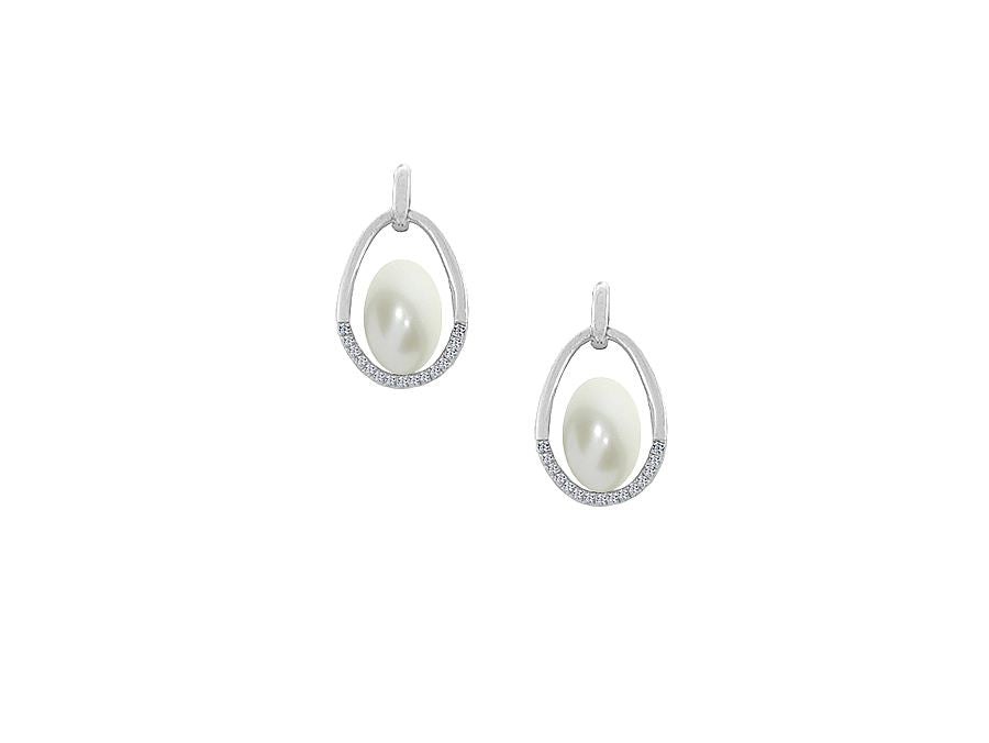 Silver Teardrop Earrings with Freshwater Pearl and CZ AMORE