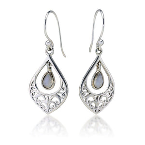 Silver Filigree Drop Earrings with Rainbow Moonstone Earrings Carathea