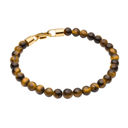 gold plated stainless steel tiger's eye beaded bracelet for men Carathea Jewellers