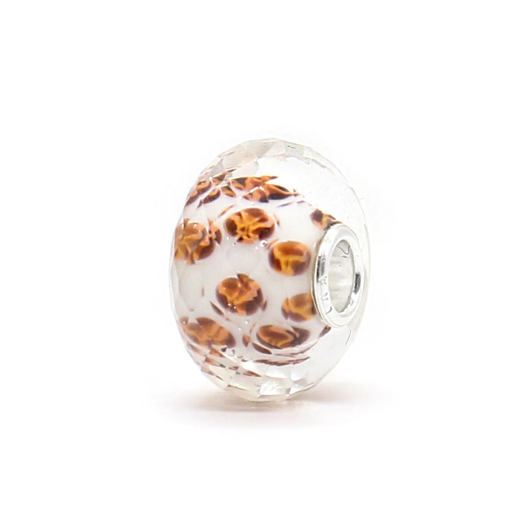 Trollbeads glass bead in white with orange leopard skin spots - Carathea jewellers
