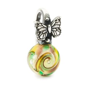 trollbeads pendant bead with green glass ball and silver butterly