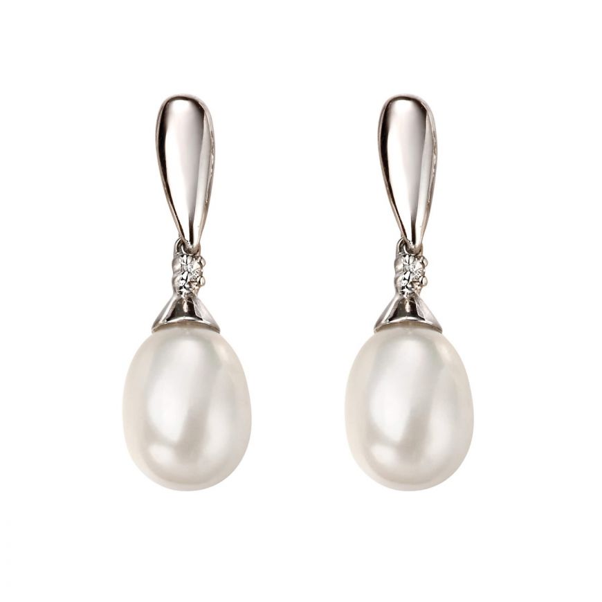 White Gold Diamond and Pearl Drop Earrings Earrings Gecko 