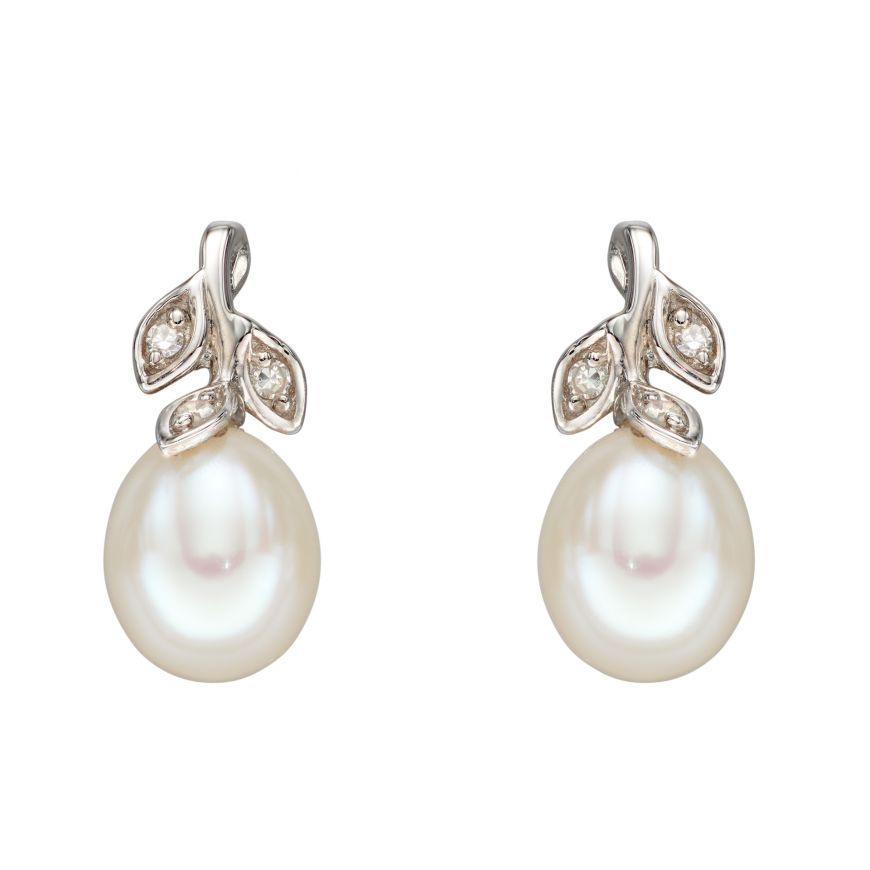 White Gold Diamond and Pearl Leaf Earrings Earrings Gecko 