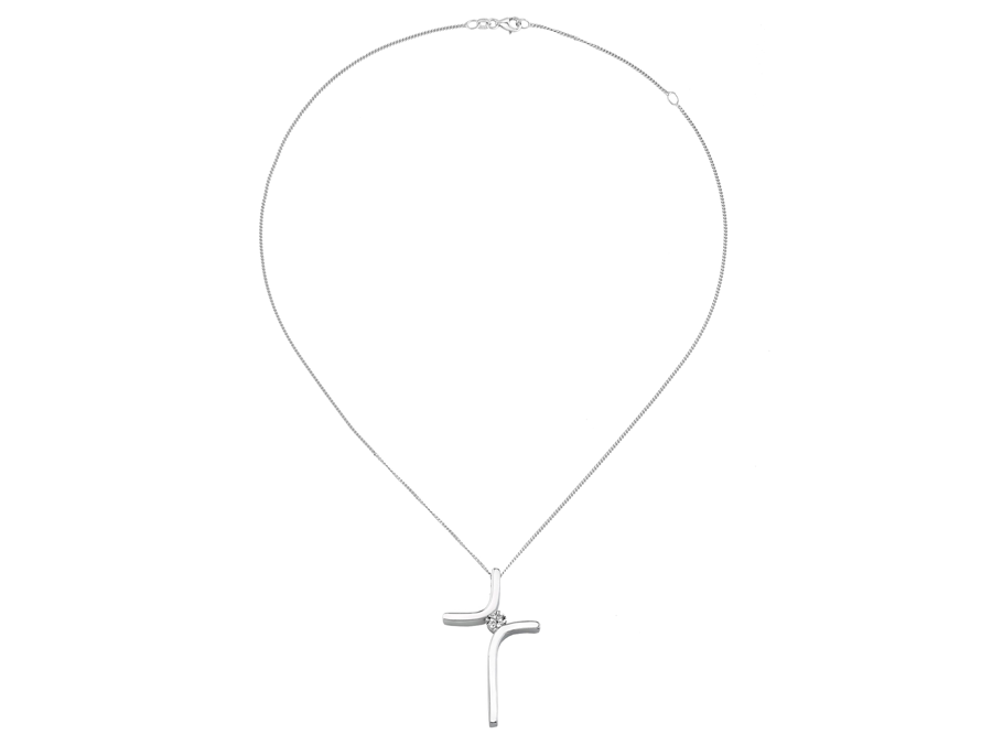 White Gold Curved Cross Pendant with Diamond