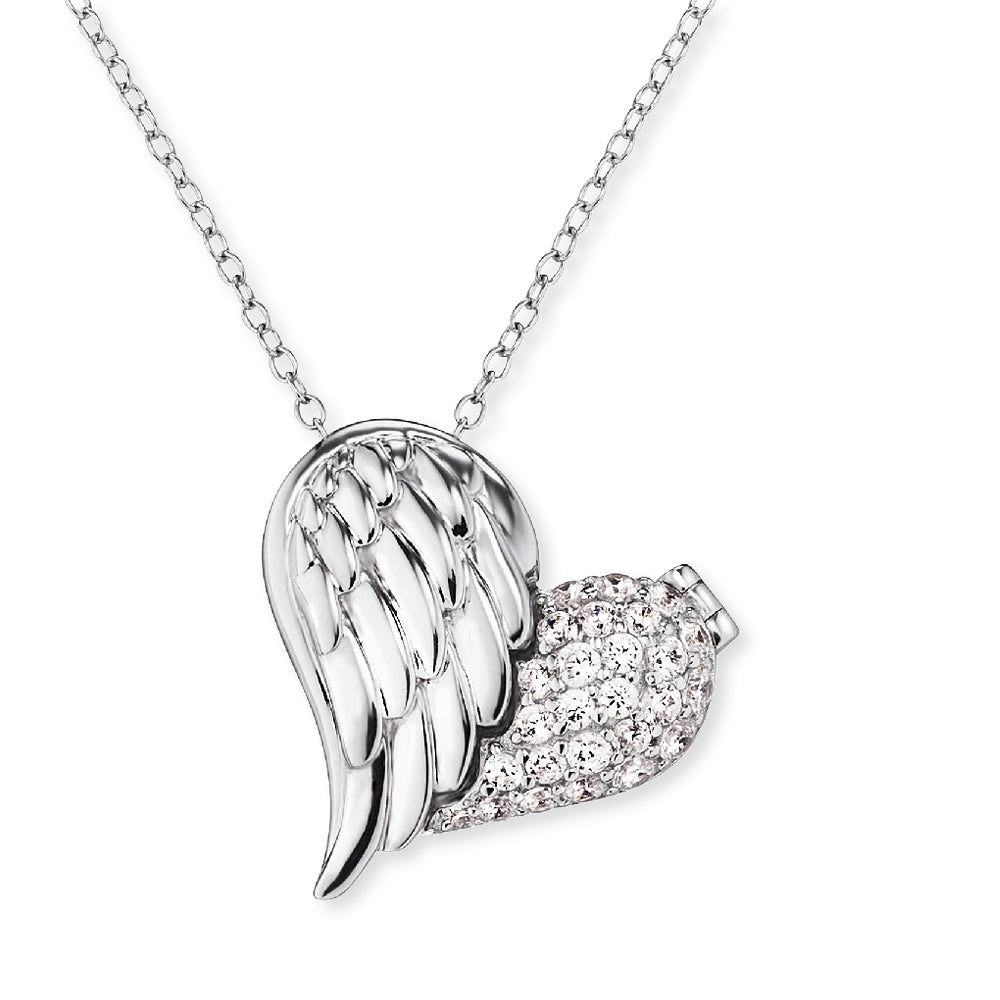 A siver and CZ half-wing, half-heart necklace 
