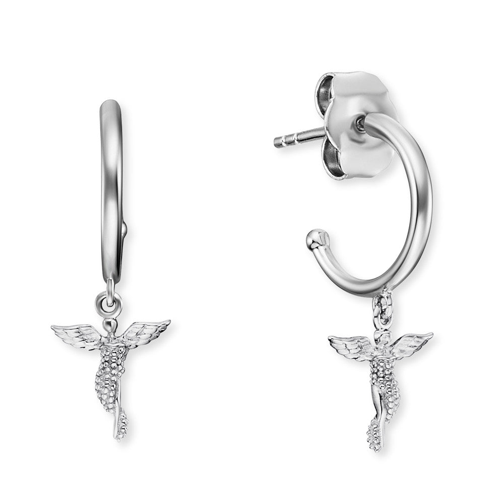 angel whisperer silver hoop earring with angel charm dangle