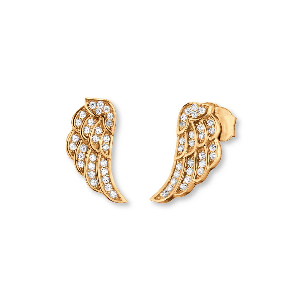Gold plated angel wing stud earrings with CZ