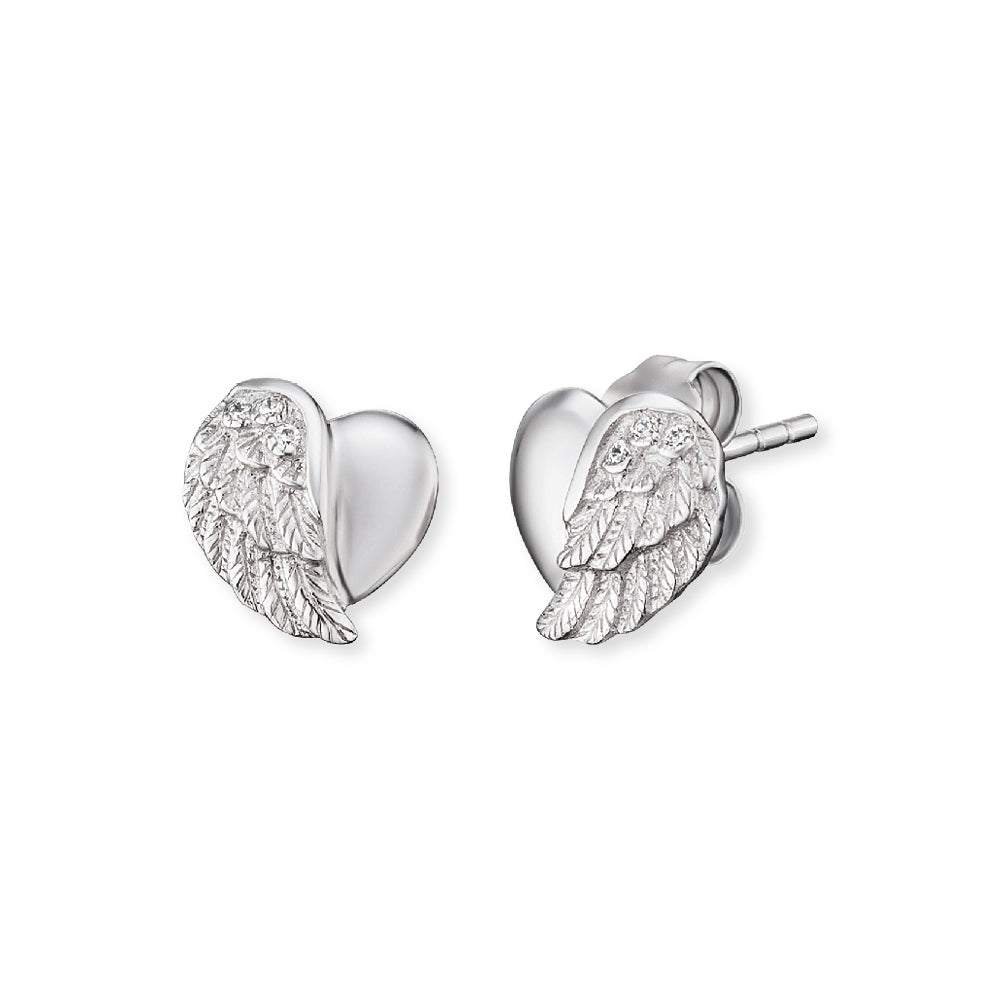 stud earrings with half-heart, half-angel wing motif