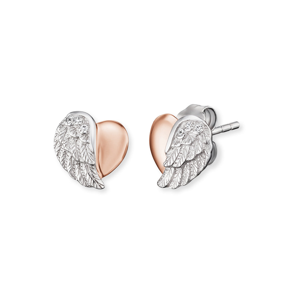 angel whisperer heartwing stud earrings in silver and rose gold