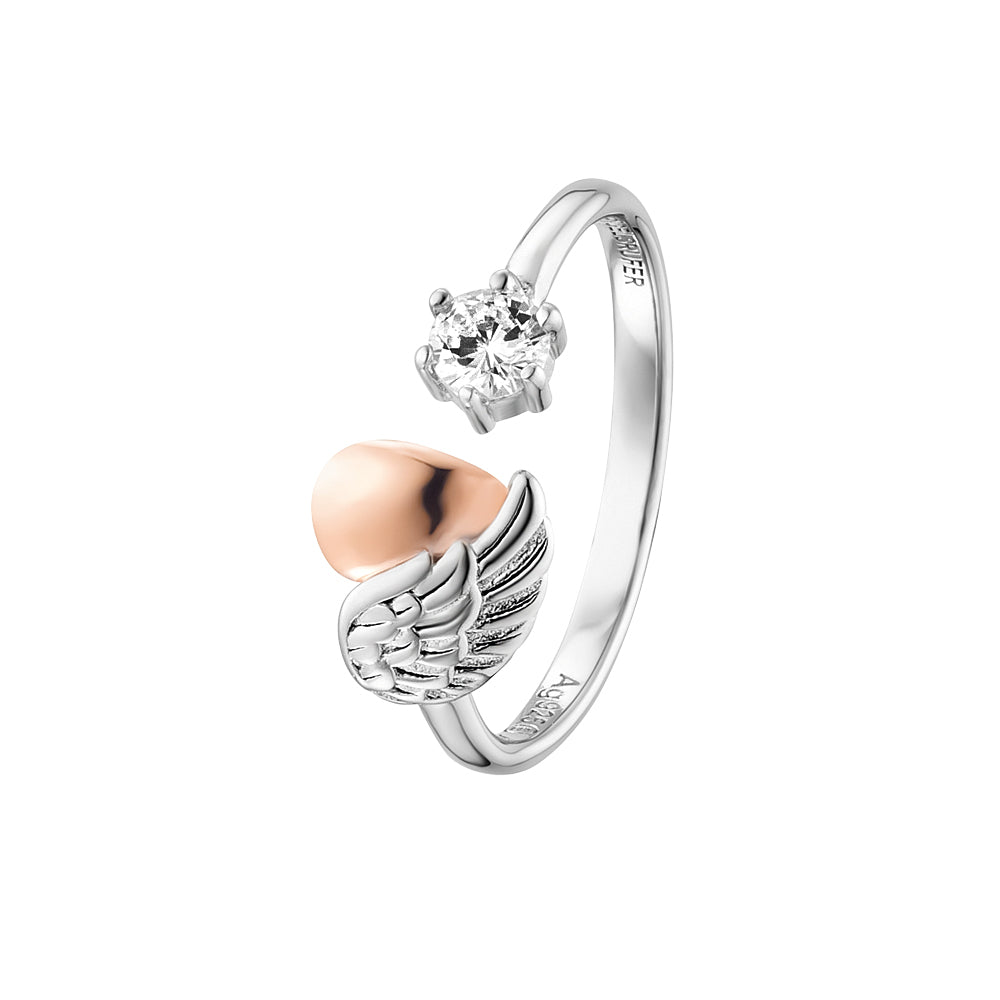 A silver and rose gold ring set with a CZ of a heart and angel wing