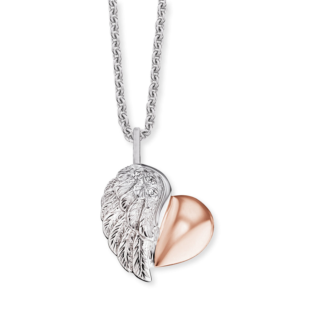silver heart and rose gold angel wing necklace