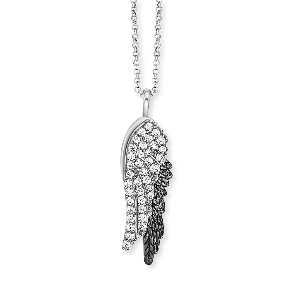 A double angel wing necklace one wing in black the other in silver with CZ