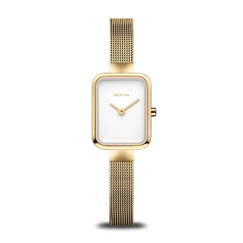 Gold oblong ladies Bering watch with milanese bracelet Watches Carathea