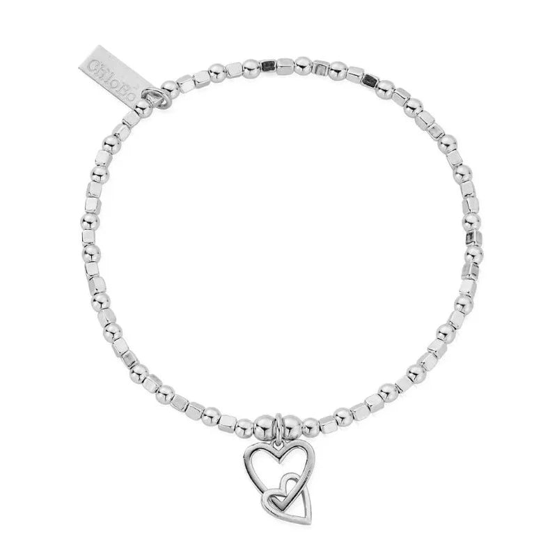 Chlobo silver bracelet with cube beads and two intertwined heart charms | Carathea