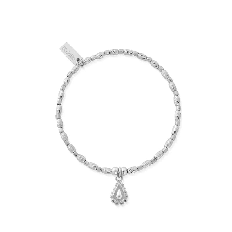 Chlobo silver bracelet with textured beads and a silver raindrop charm | Carathea