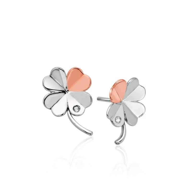 Silver and rose gold clover earrings with white topaz Carathea 
