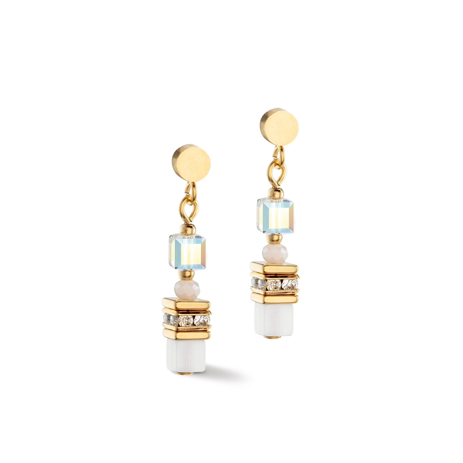 sparkling crystal earrings with mini cubes of gold and white