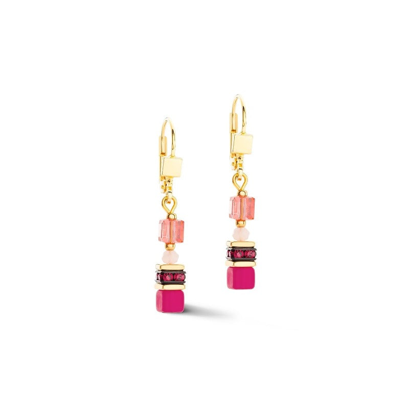 sparkling crystal earrings with mini cubes of magenta