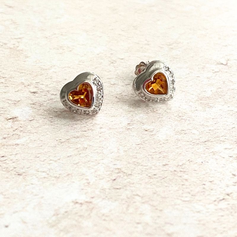 white gold citrine & diamond heart stud earrings Carathea jewellers