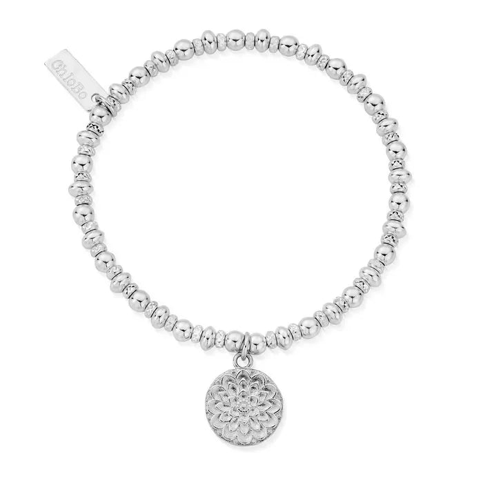 Chlobo silver bracelet with oval and balll beads and a moonflower charm | Carathea
