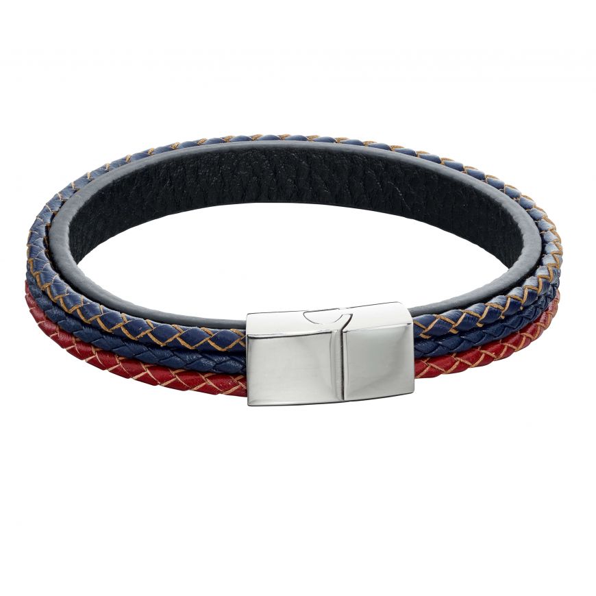 Fred Bennett Men's Woven Leather Bracelet in Blue, Red and Grey Men's Bracelets FRED BENNETT 