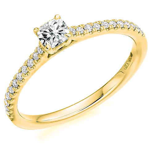 gold diamond cushion cut ring with diamonds on shoulders Carathea