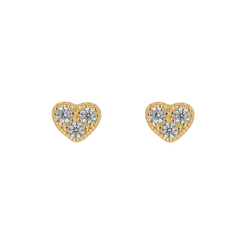 Gold Plated Recycled Silver Three CZ Heart Stud Earrings Earrings Gecko