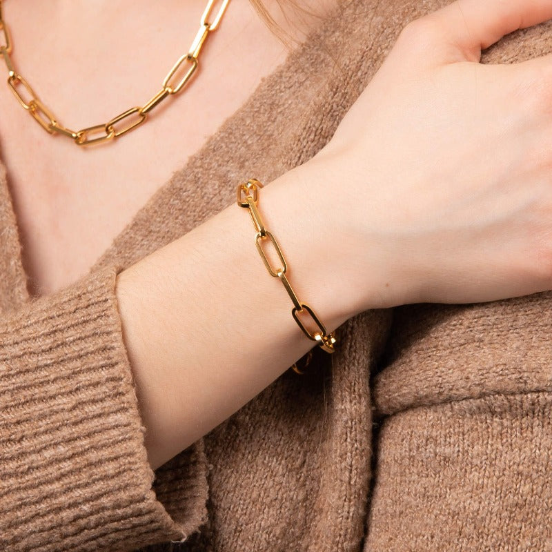 Gold plated silver paperclip link bracelet with t bar fastener Carathea Jewellers