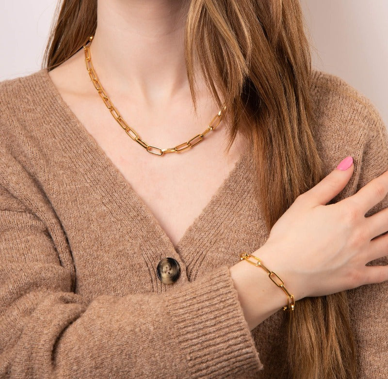 Gold plated silver paperclip link bracelet with t bar fastener Carathea Jewellers