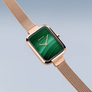 Ladies Square Petite watch in rose gold and malachite Watches Carathea