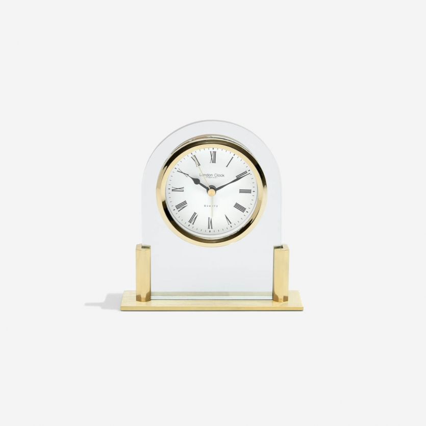 glass and gold arch top mantel clock Carathea jewellers
