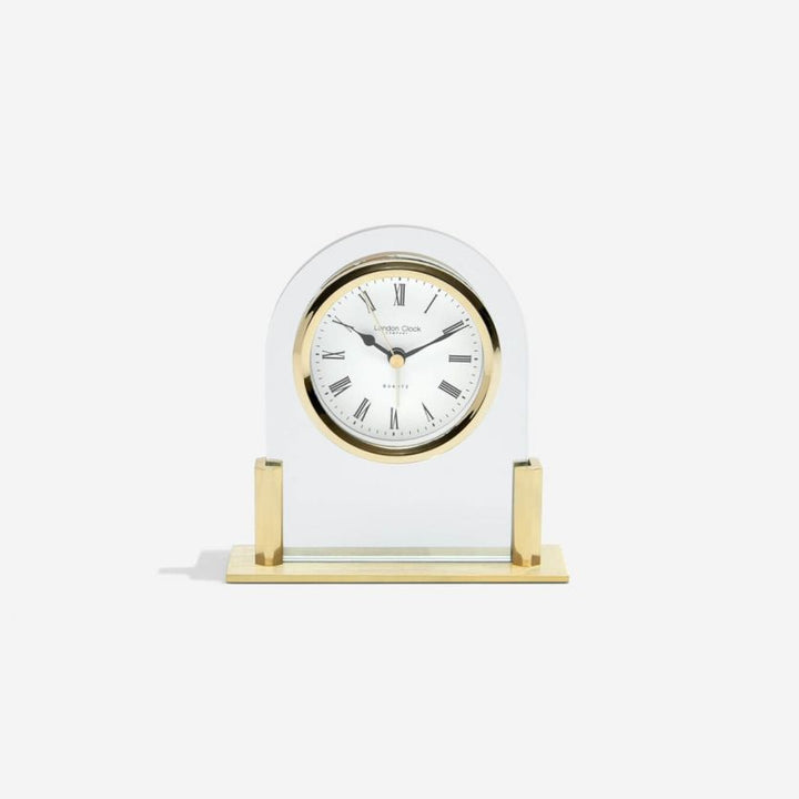 glass and gold arch top mantel clock Carathea jewellers