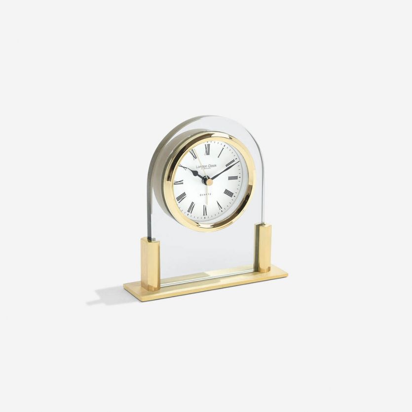 glass and gold arch top mantel clock Carathea jewellers