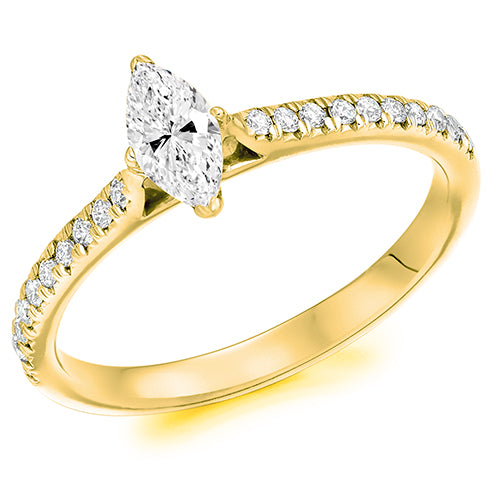 gold ring with marquise cut diamond and side stones Jewellery Carathea