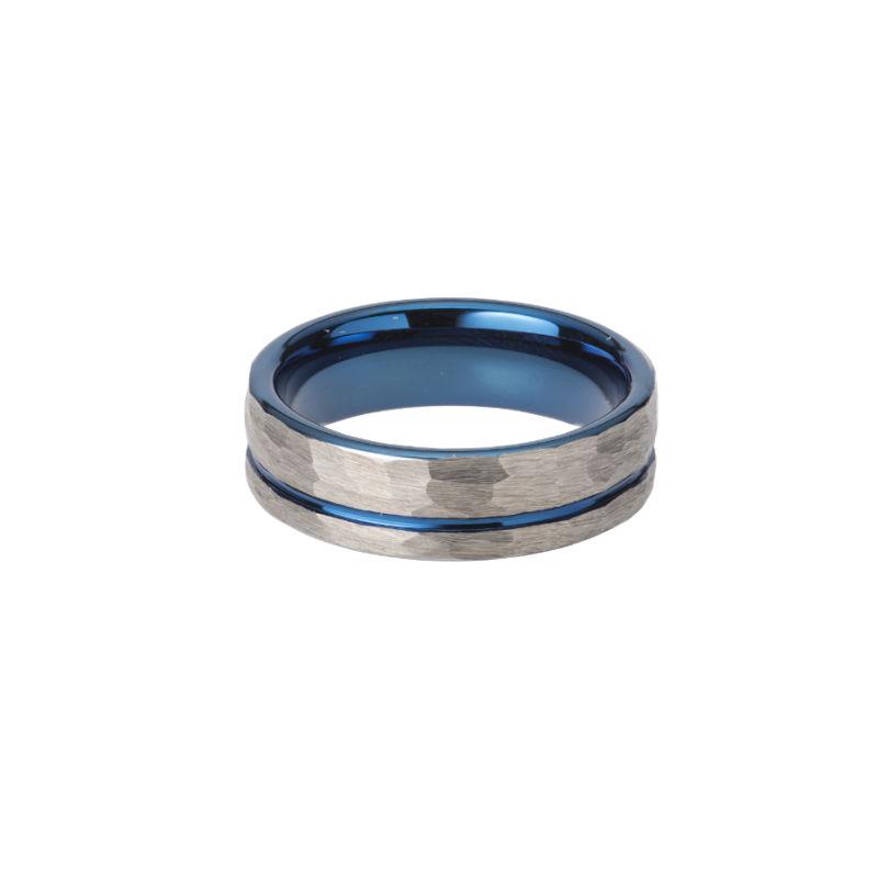 Men's Grey Hammered Tungsten Carbide Ring with Blue Channel Men's Rings Unique O 3/4 